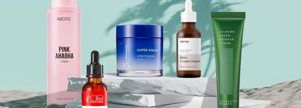 Selezione cosmetici coreani con ingredienti adatti a skincare estiva